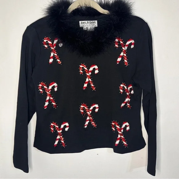 Jack B Quick M Christmas Holiday Sweater Candy Canes Beading Black, Red, White - Picture 2 of 7